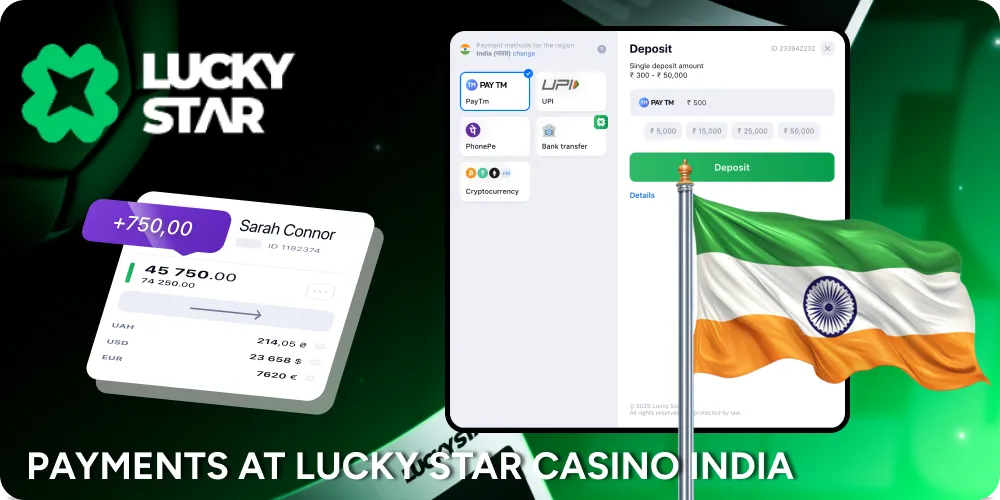 Payments methods for deposit at Lucky Star casino for India Players.